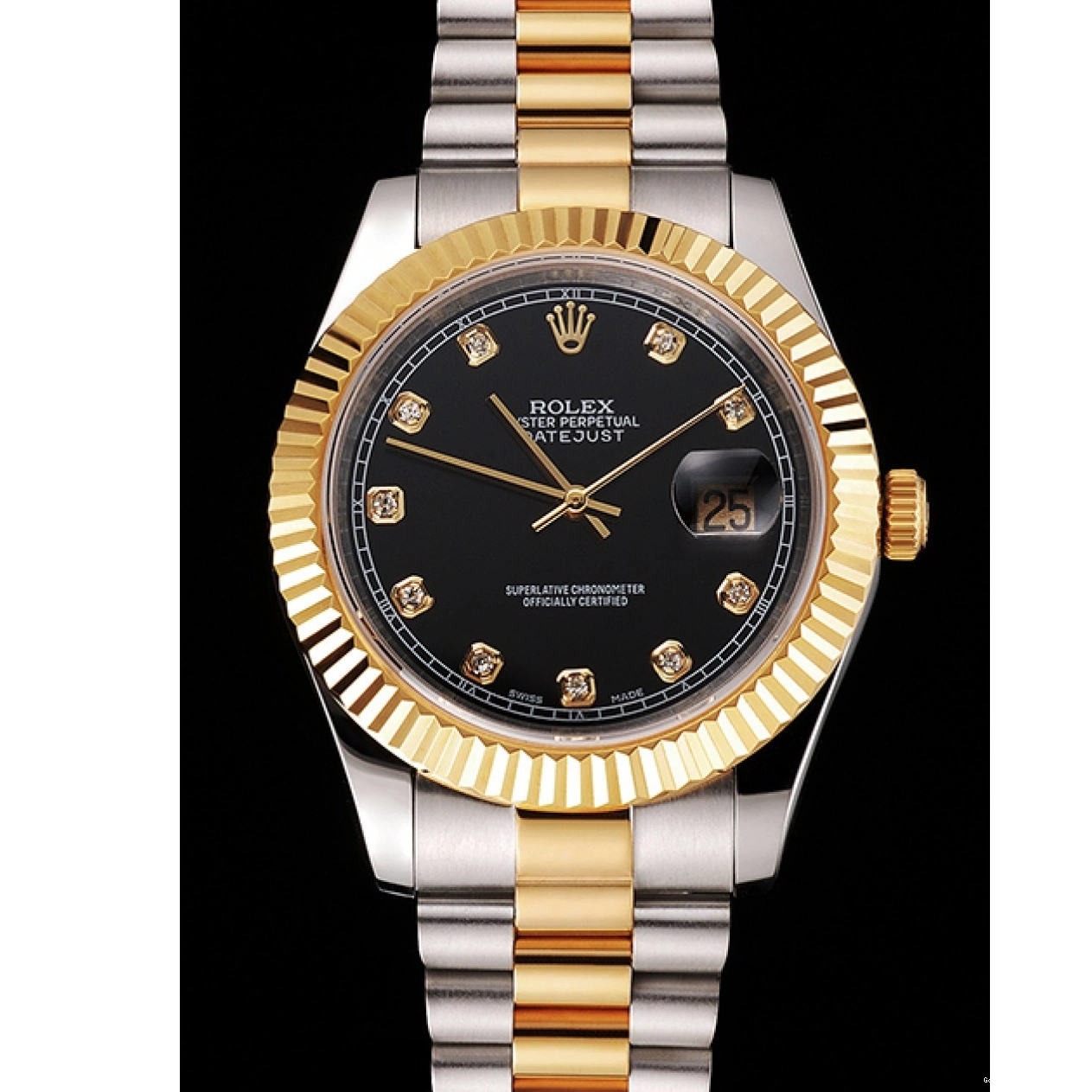 Best AAA Replica Sites Black Tone Dial Stainless Datejust Swiss Bracelet Steel Two Rolex Case Bezel Gold 0724